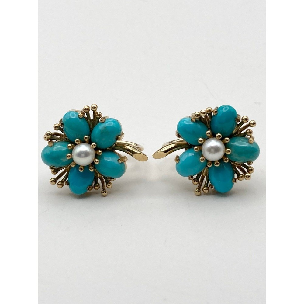 Vintage stunning 14kt gold turquoise Akoya pearl floral screw back earrings